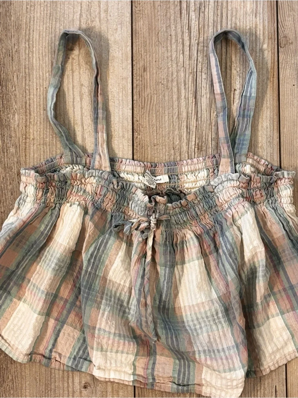 American Eagle Plaid Tie-Front Cami Crop Top in Pastel Size Large